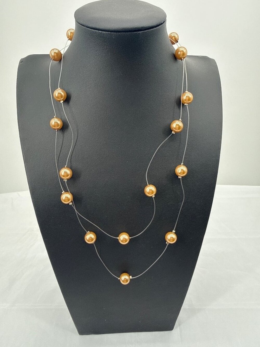 Champagne Gold Floating Pearl Illusion Double Strand Statement Necklace Vintage